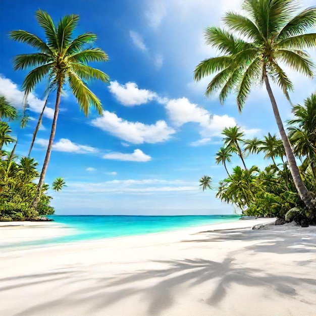 a beach with palm trees and a blue sky with clouds