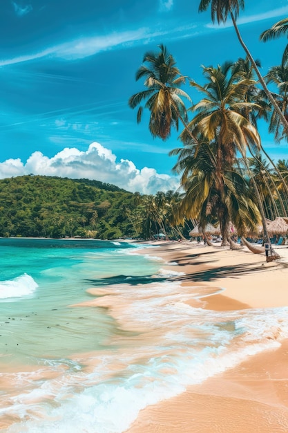 a beach with palm trees and a blue sky with a few clouds