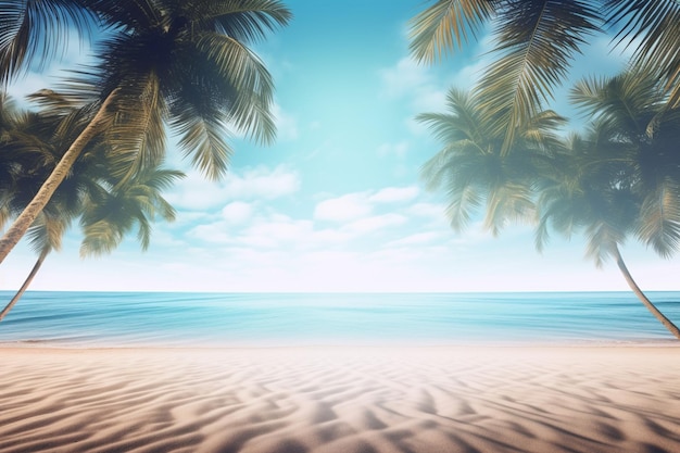 A beach with palm trees and a blue sky