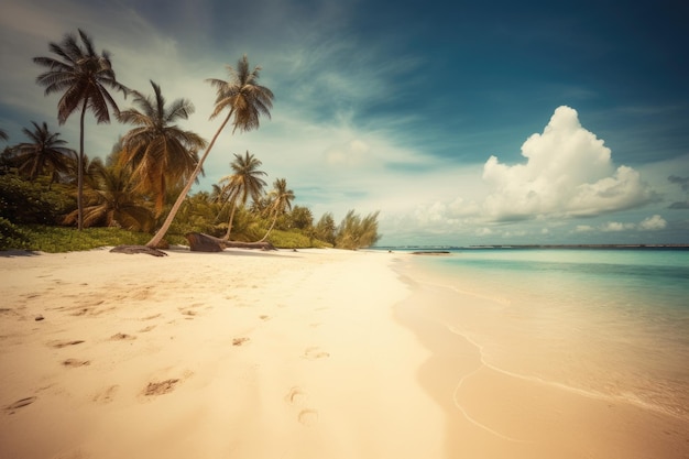 A beach with palm trees and a blue sky