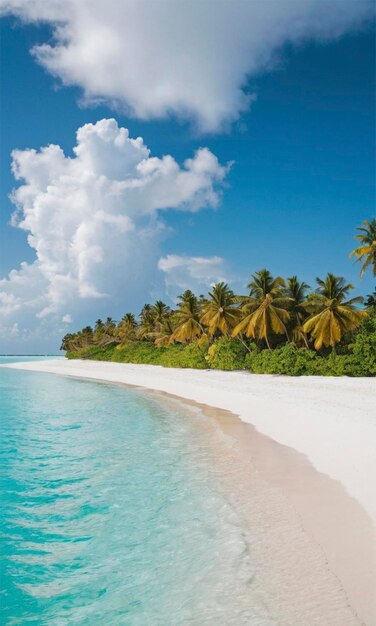 a beach with palm trees and a blue sky