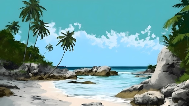 A beach with palm trees and a blue sky