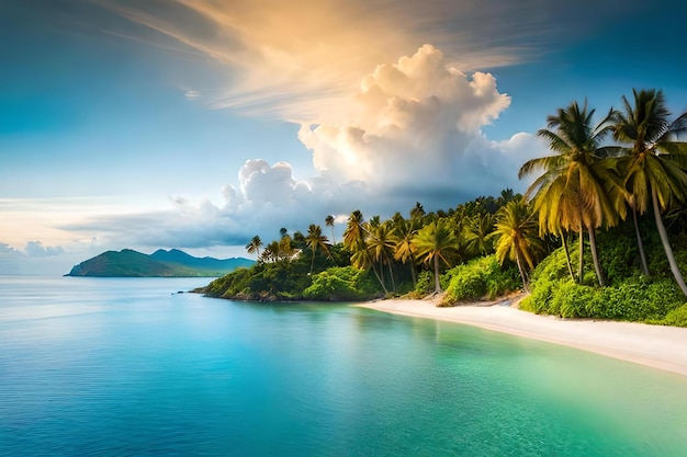 A beach with palm trees and a blue sky