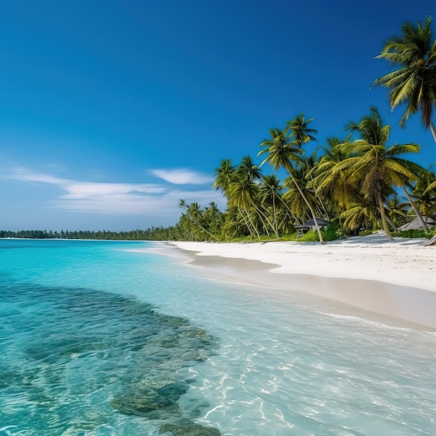 A beach with palm trees and a blue sky