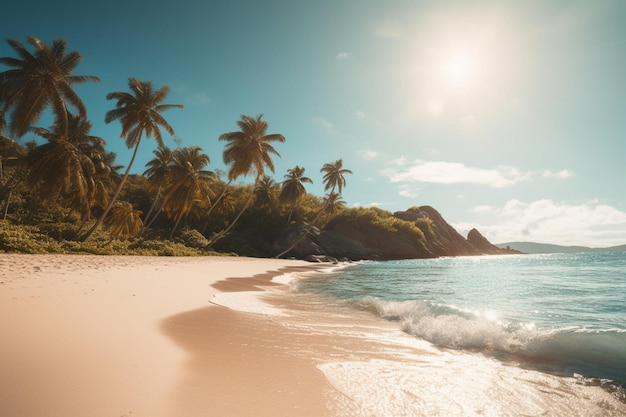 A beach with palm trees and a blue sky