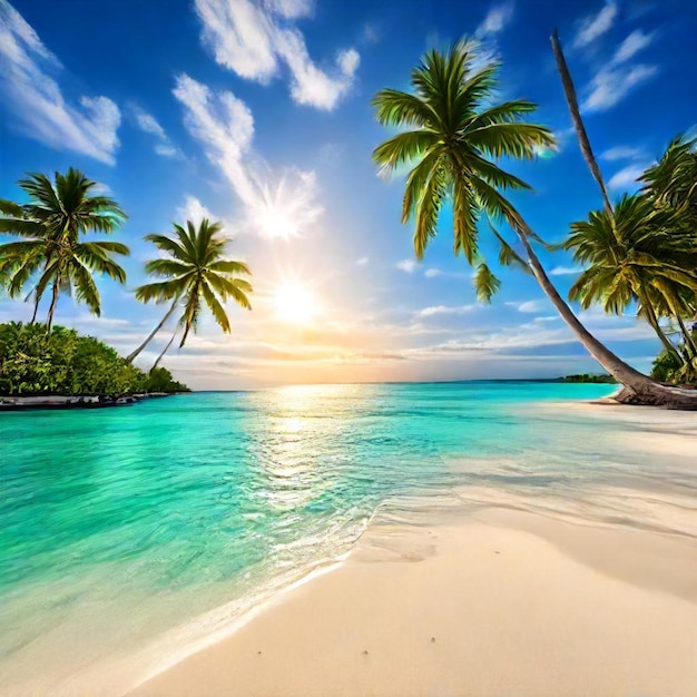 a beach with palm trees and a boat on the water