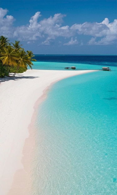 a beach with palm trees and a boat in the water