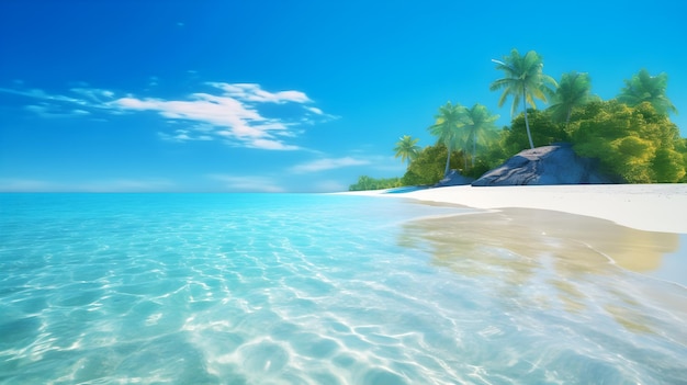 A beach with palm trees and a clear blue ocean