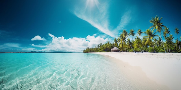 A beach with palm trees and a clear blue sky