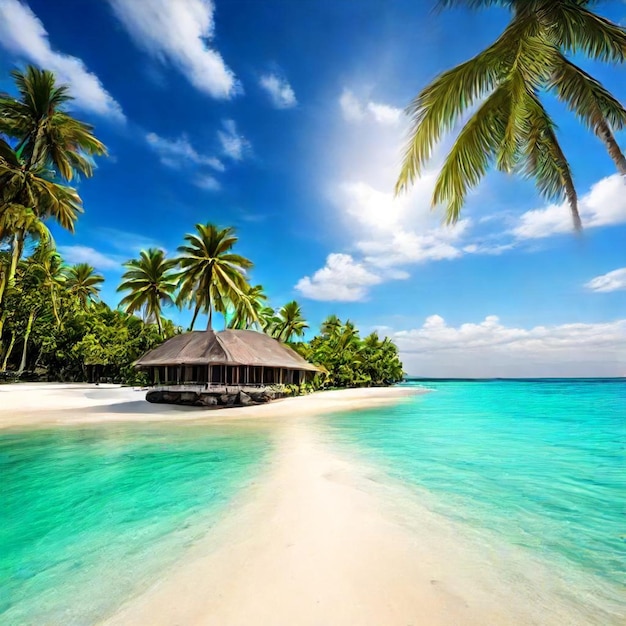 a beach with palm trees and a hut on the sand