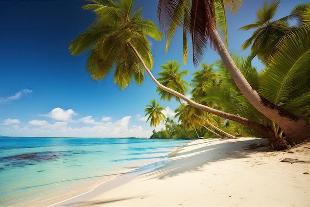 A beach with palm trees on it and the sea in the background