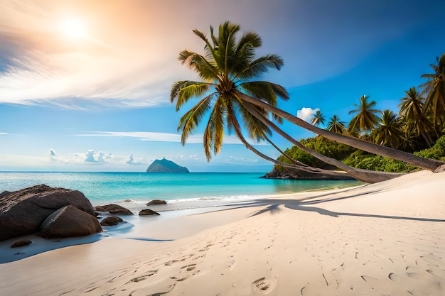 A beach with palm trees on it and the sun shining on the horizon