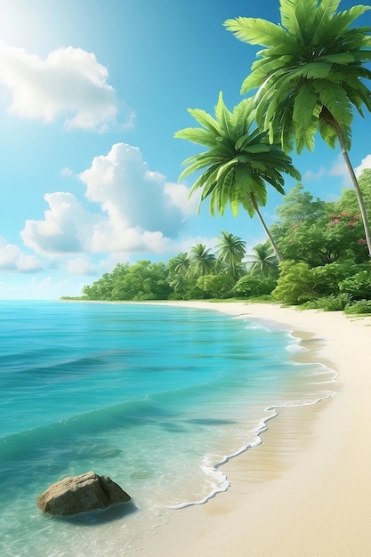 a beach with palm trees and the ocean in the background