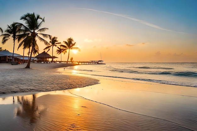 A beach with palm trees and a pier in the background