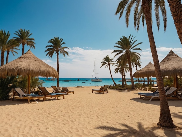 a beach with palm trees and a sailboat on the water