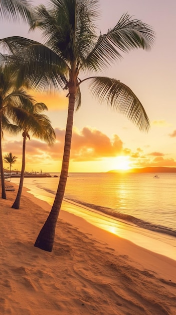 A beach with palm trees and the sun setting in the background.