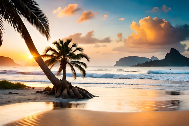 A beach with palm trees and the sun setting behind it