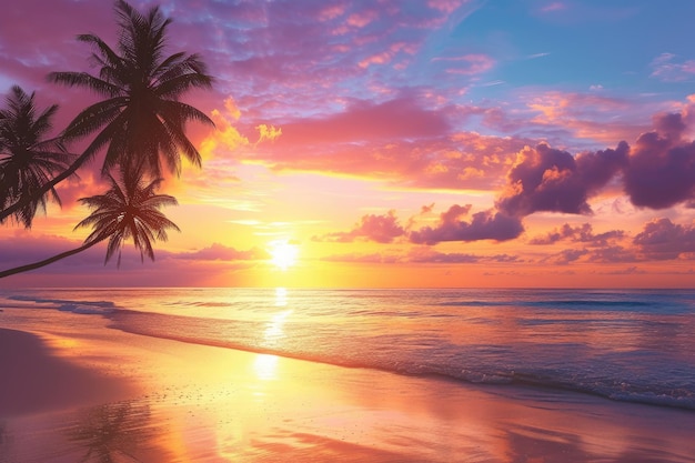 Photo a beach with palm trees and the sun setting sunset over an exotic tropical beach with palm trees