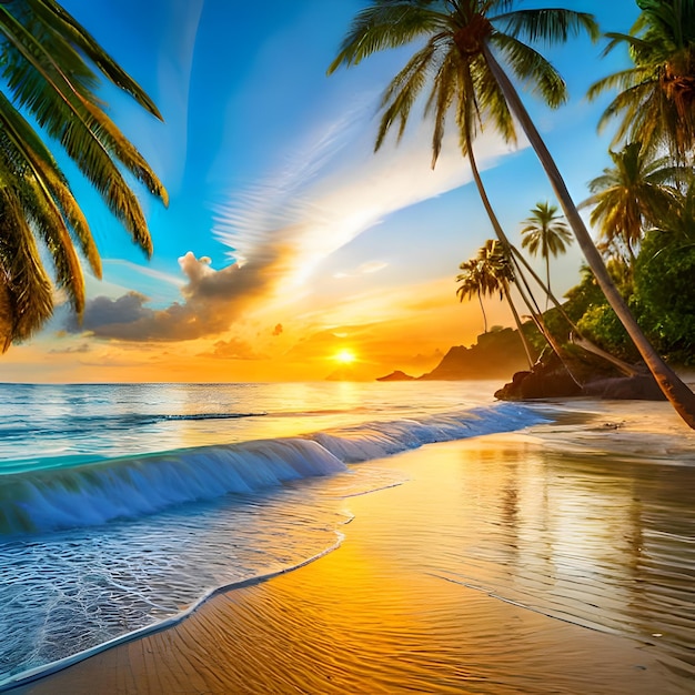 A beach with palm trees and the sun setting