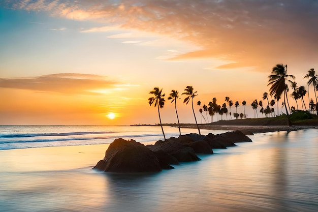 A beach with palm trees and the sun setting