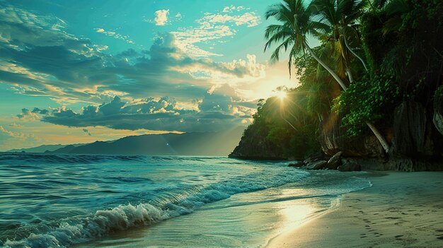 a beach with palm trees and the sun shining through the clouds