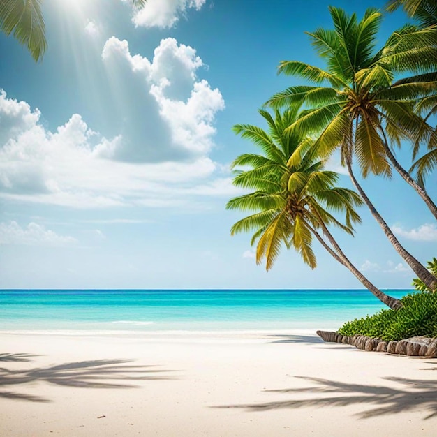 a beach with palm trees and a sun shining through the clouds