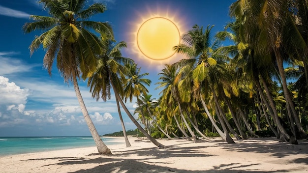 a beach with palm trees and a sun in the sky