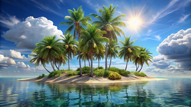 a beach with palm trees and a sun in the sky