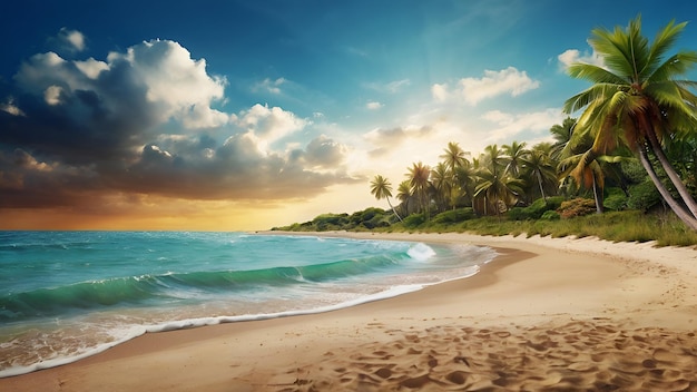 A beach with palm trees and a sunset in the background