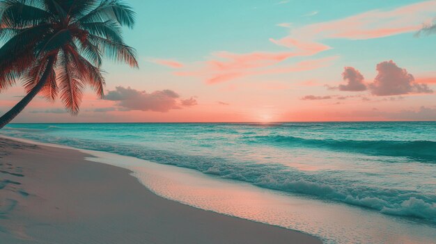 a beach with palm trees and a sunset in the background