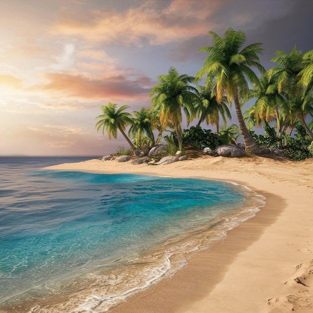 a beach with palm trees and a sunset in the background