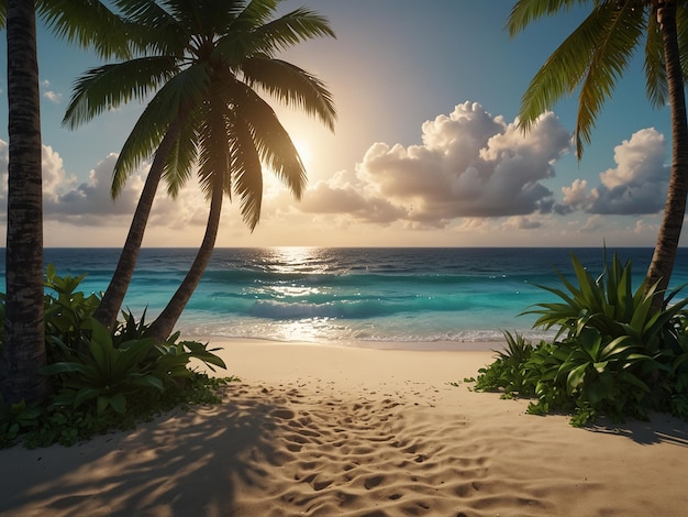 a beach with palm trees and a sunset in the background