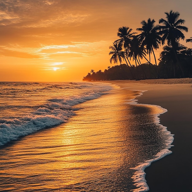 a beach with palm trees and a sunset in the background