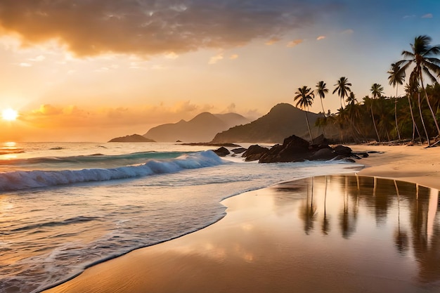 A beach with palm trees and a sunset in costa rica