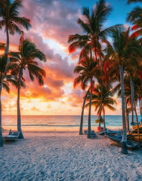 Photo a beach with palm trees and a sunset