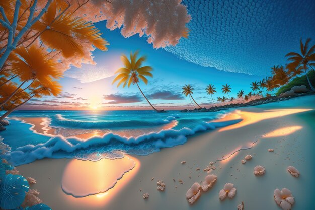 A beach with palm trees and a sunset