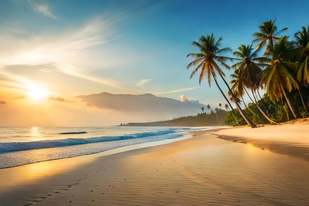 A beach with palm trees and a sunset