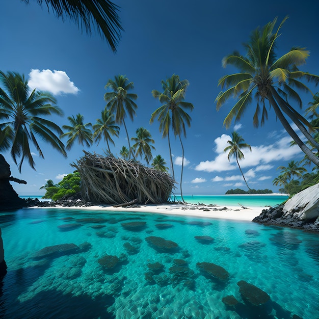 A beach with palm trees and a white sand beach