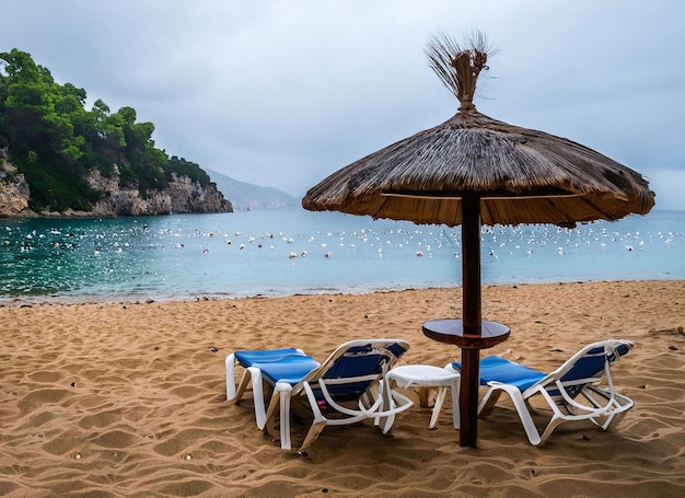 A beach with a parasol and a table with chairs on it