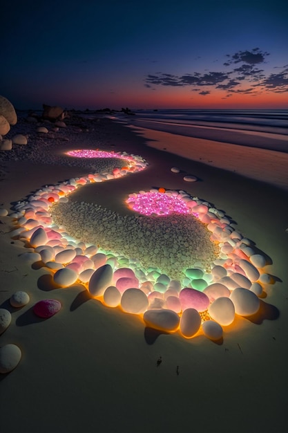 Beach with pebbles arranged in the shape of a heart generative ai