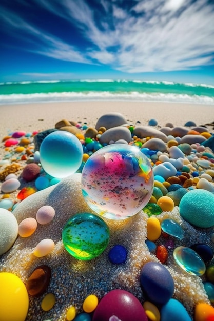 A beach with pebbles and a glass ball