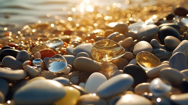 A beach with pebbles and glass pebbles on it