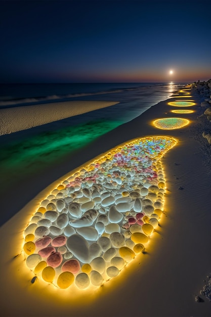 Beach with pebbles lit up at night generative ai