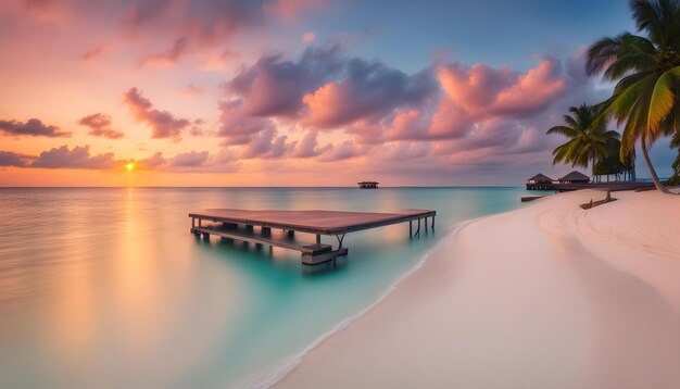 a beach with a pier and a ship in the water