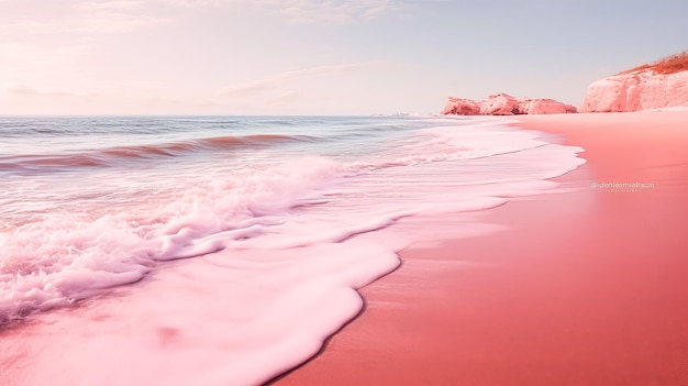 Photo a beach with pink water under a clear blue sky