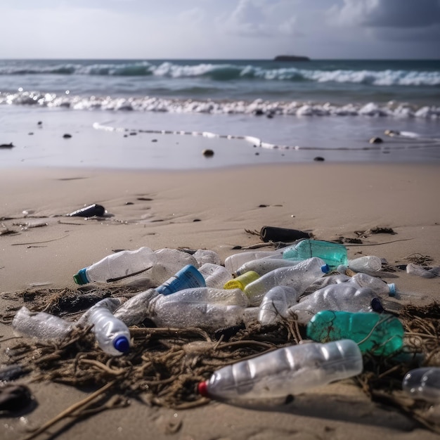 A beach with plastic bottles and a blue label that says'plastic'on it