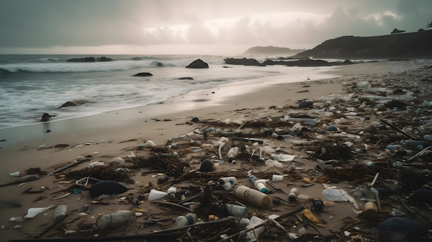 A beach with plastic bottles and bottles on it