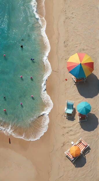 a beach with a rainbow colored umbrella and a beach chair