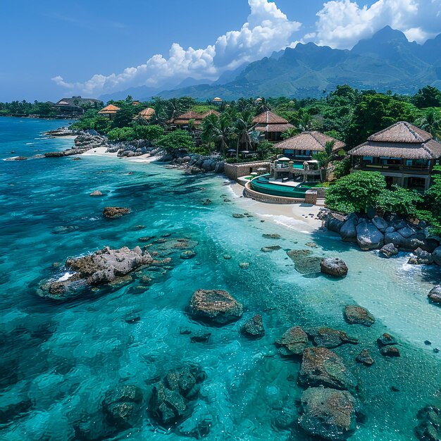 a beach with a resort called the sea and a beach scene