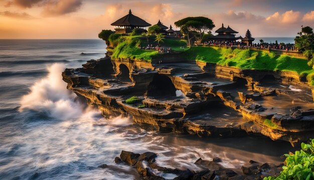 a beach with a rock formation and a beach with a house on the right